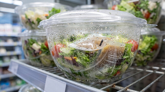 Fresh prepackaged vegetable salads in clear plastic bowls on grocery store shelf.