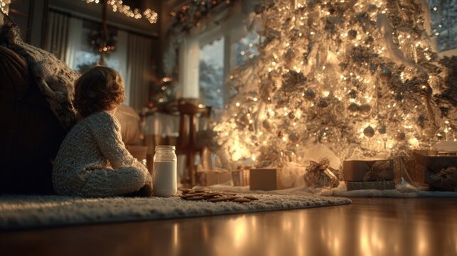 child leaving cookies and milk for Santa beside glowing Christmas tree,
