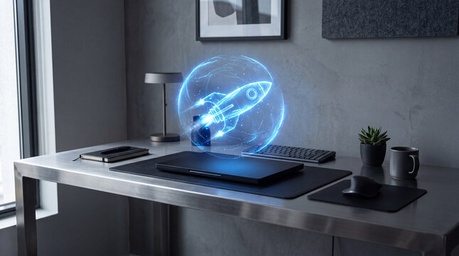 Holographic rocket ship projection hovering above a modern desk workspace.