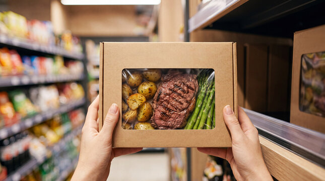Person holding a prepackaged meal kit in a cardboard box.