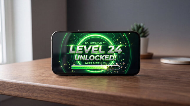 Smartphone screen showing level 24 unlocked gaming achievement.
