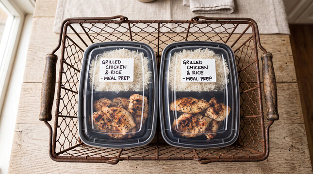 Two plastic meal prep containers with grilled chicken and rice in a wire basket.