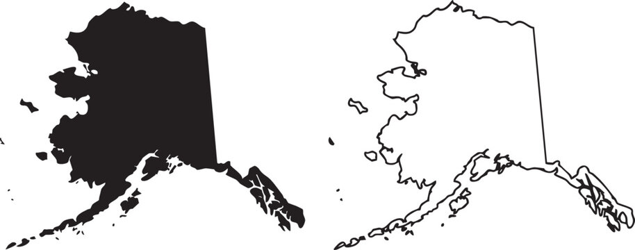 Alaska map outlines present a solid black shape and a clean white border for graphic design needs.