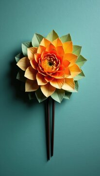 Bright orange paper flower hair accessory sits on dark teal background. Handcrafted origami floral ornament features intricate folded layers with symmetric geometric petals. Detailed fashion item
