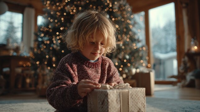 child opening presents on Christmas morning by twinkling tree, pure joy,