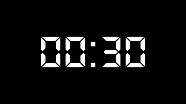 Countdown Digital Clock Animation 30 to 0 second Countdown digital clock timer icon.Animation of glowing 30 to 0 second countdown timer. minute stopwatch , analog clock icon animation. 4k video