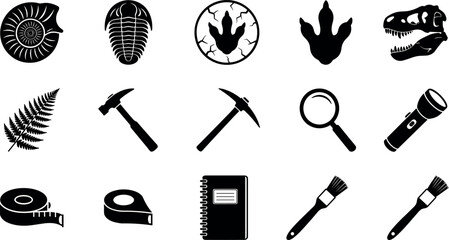 Black paleontology icon set featuring dinosaur skull fossils footprint ammonite trilobite fern and archeology excavation tools vector elements © Hachhada