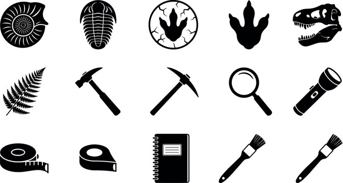 Black paleontology icon set featuring dinosaur skull fossils footprint ammonite trilobite fern and archeology excavation tools vector elements