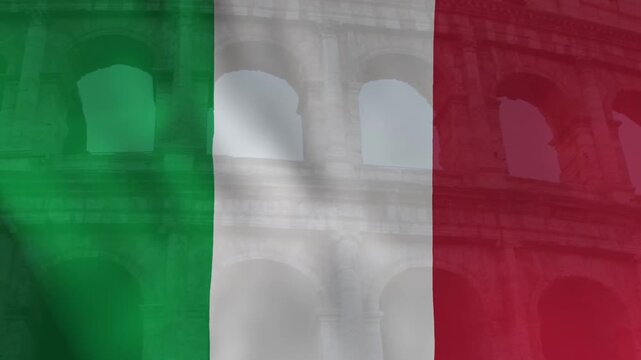 Italian Flag Fluttering Against Colosseum Backdrop. Captivating motion of Italy's flag waving before the iconic Colosseum in Rome.
