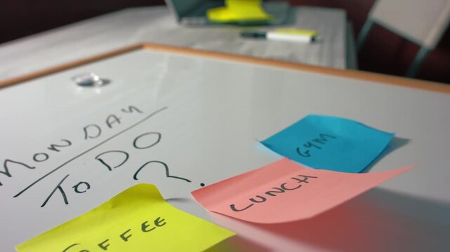 Monday morning schedule sticky notes on whiteboard