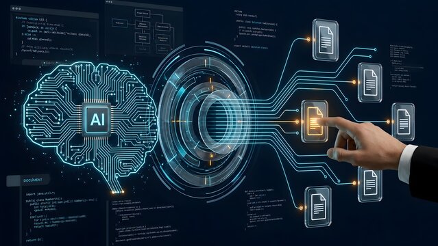 Artificial intelligence document processing system with digital brain connected to virtual files representing smart automation and machine learning