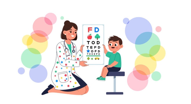 Pediatrician examines child's vision with eye chart, colorful bubbles background