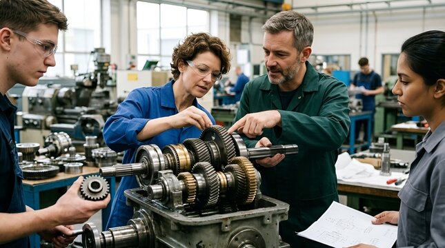 Diverse team learning mechanics in workshop, fixing complex machinery
