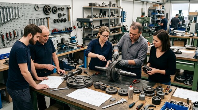 Diverse team of engineers collaborating on mechanical project in workshop
