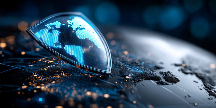 Digital shield representing global financial markets and geopolitical tensions on a futuristic globe