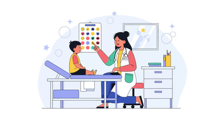Fototapeta premium Pediatrician examining a child's eyes in a modern clinic, colorful vision chart on wall