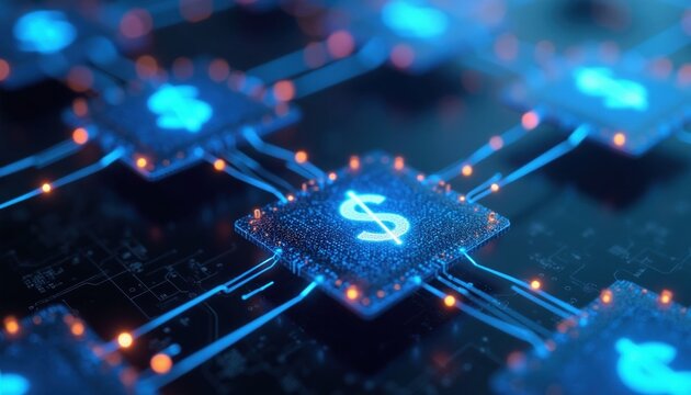 Glowing dollar symbols shine on electronic computer microchips. Digital circuit boards connect financial data nodes in dark background. Futuristic tech hardware processes global money transfers,