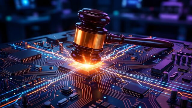 Cyber law and technology regulation with wooden gavel striking glowing microchip representing digital justice and internet security legislation
