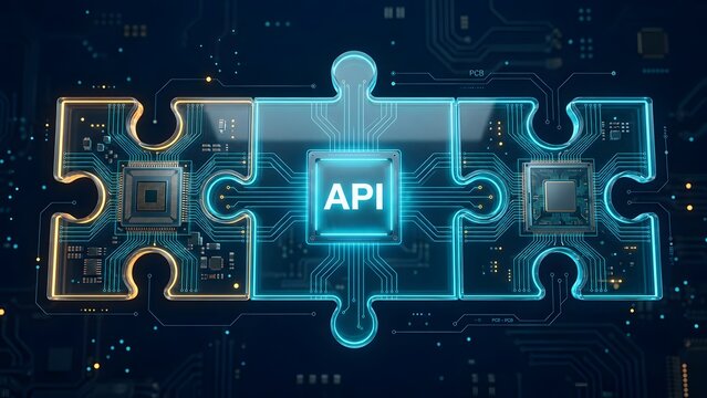 API integration software concept with connected digital puzzle pieces featuring text API and glowing microchips representing application programming interface and system connectivity