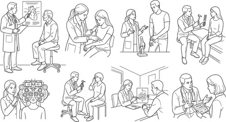 Obraz premium Black and white line art icons of medical checkups and doctor consultations