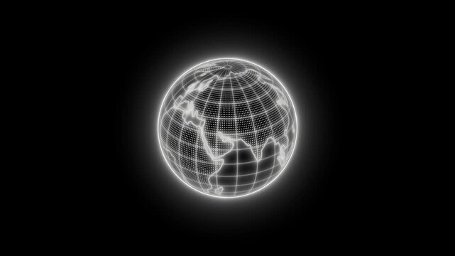 Glowing wireframe globe of the earth on a black background, showing a digital world map and global connection concept animation