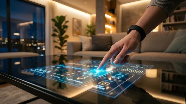 Futuristic smart home technology interface displayed on a coffee table with a hand interacting with holographic controls showcasing automation and connected living concepts in a contemporary