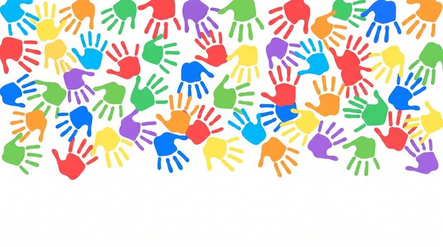 Colorful handprints border vector illustration featuring vibrant diversity, unity, hand, palm, artwork, white background, community, friendship, children, creative, artistic, teamwork, equality, and c