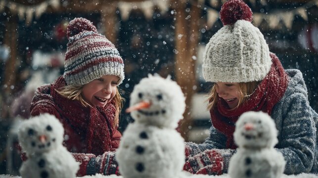 children building festive snowmen with scarves and hats