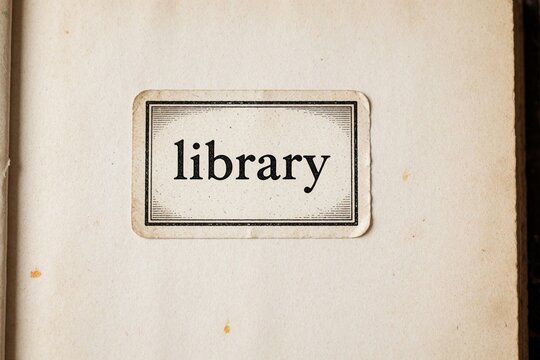 Old beige paper background features vintage library bookplate label. Antique texture surface shows aged book page with retro lettering. Brown rustic material worn spots. Classic literary theme
