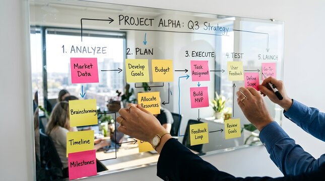 Team collaborating on a strategic project planning session using a detailed flowchart and sticky notes on a large glass board in a bright office setting showing business development and teamwork