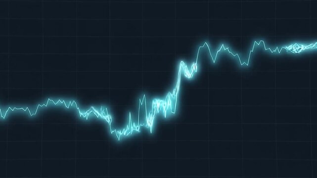 Static shot of glowing cyan line graph oscillating and spiking across dark grid display on monitor in digital analytics interface