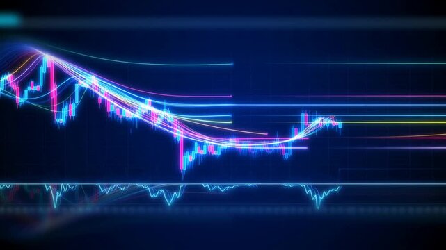 Tracking shot of candlestick chart lines fluctuating and crossing moving averages on trading dashboard screen with neon blue glowing indicators