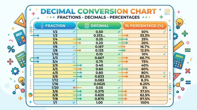 Decimal conversion chart for fractions. Educational math table for engineering reference.