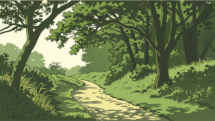 A tranquil forest path winding through dense green trees and lush vegetation under a soft, bright sky in a peaceful woodland environment scene © Template store 
