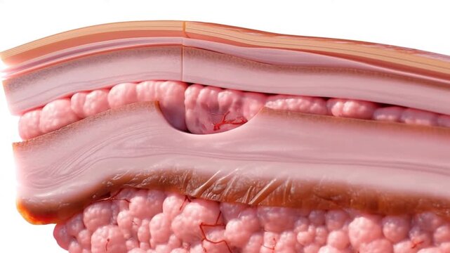 Tracking shot close up of skin cross section separating to reveal subcutaneous fat and blood vessels in medical laboratory model
