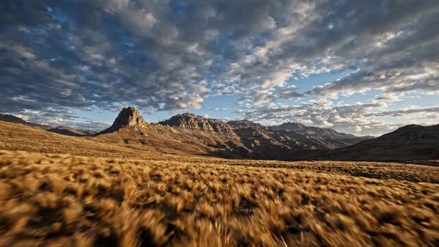 Majestic rocky mountain landscape under a dramatic cloudy sky at sunset
