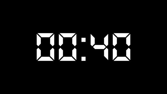 Countdown Digital Clock Animation 40 to 0 second Countdown digital clock timer icon.Animation of glowing 40 to 0 second countdown timer. minute stopwatch , analog clock icon animation. 4k video