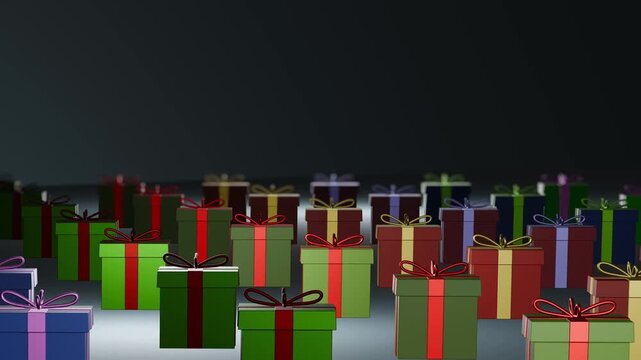 Rows of colourful gifts with ribbon bows on black background