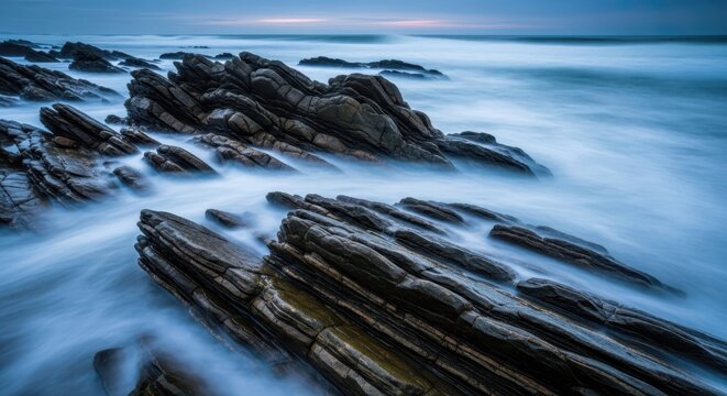 Long Exposure Seascape with Layered Rock Formations and Silky Ocean Waves at Blue Hour Dawn