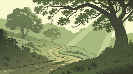 Fototapeta premium A peaceful landscape featuring a winding dirt path through a green forest with sun rays filtering through the trees in a vintage style