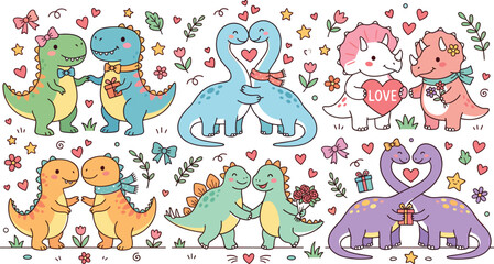 Cute Kawaii Dinosaur Couple Sticker Set with Hearts and Flowers for Valentine Day Graphic Vector Designs © Taijul