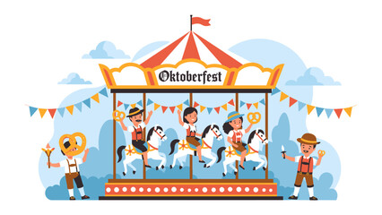 Oktoberfest Carousel Fun: Children joyfully ride a carousel adorned with Oktoberfest symbols, including pretzels and traditional Bavarian attire, under a festive flag-strung sky.