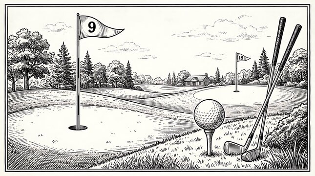Golf ball and clubs on green course with lake view