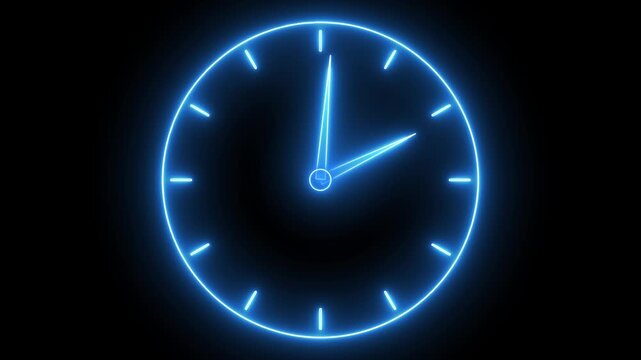 Glowing neon blue color clock icon animation watch stopwatch timer circle wall clock clock dial fast minute hours icon seamless effect footage on black background	