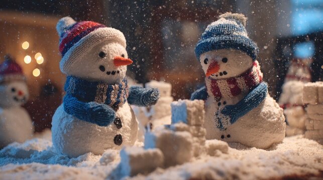children building snowmen in Christmas hats