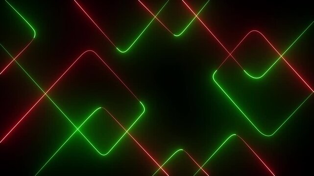A vibrant dynamic neon line patterns in blue and red gradient abstract background. Neon Green and red laser lines animation on black screen. 4k