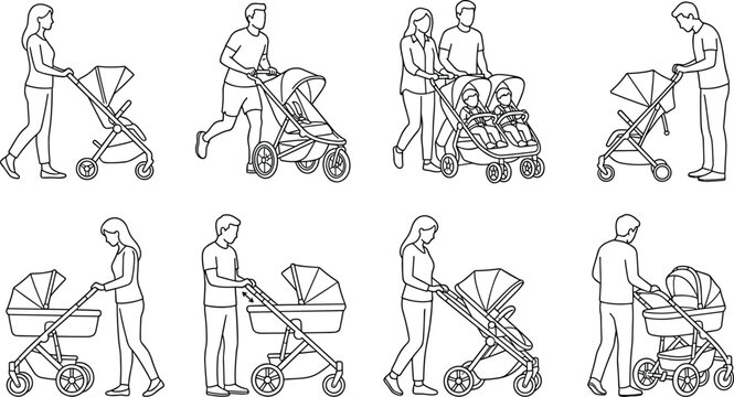 Black and white line art vector set of parents with baby strollers