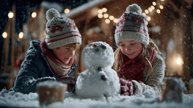 children building snowmen in Christmas hats