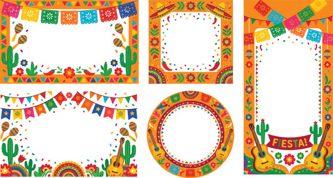 Mexican Fiesta Border Frame Template Set with Guitar Sombrero Cactus and Bunting for Cinco de Mayo Vector Designs