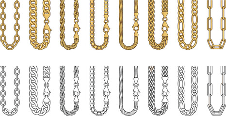Gold and Silver Metallic Chain Necklace Brush and Pattern Set for Fashion Jewelry Graphic Vector Designs © Taijul